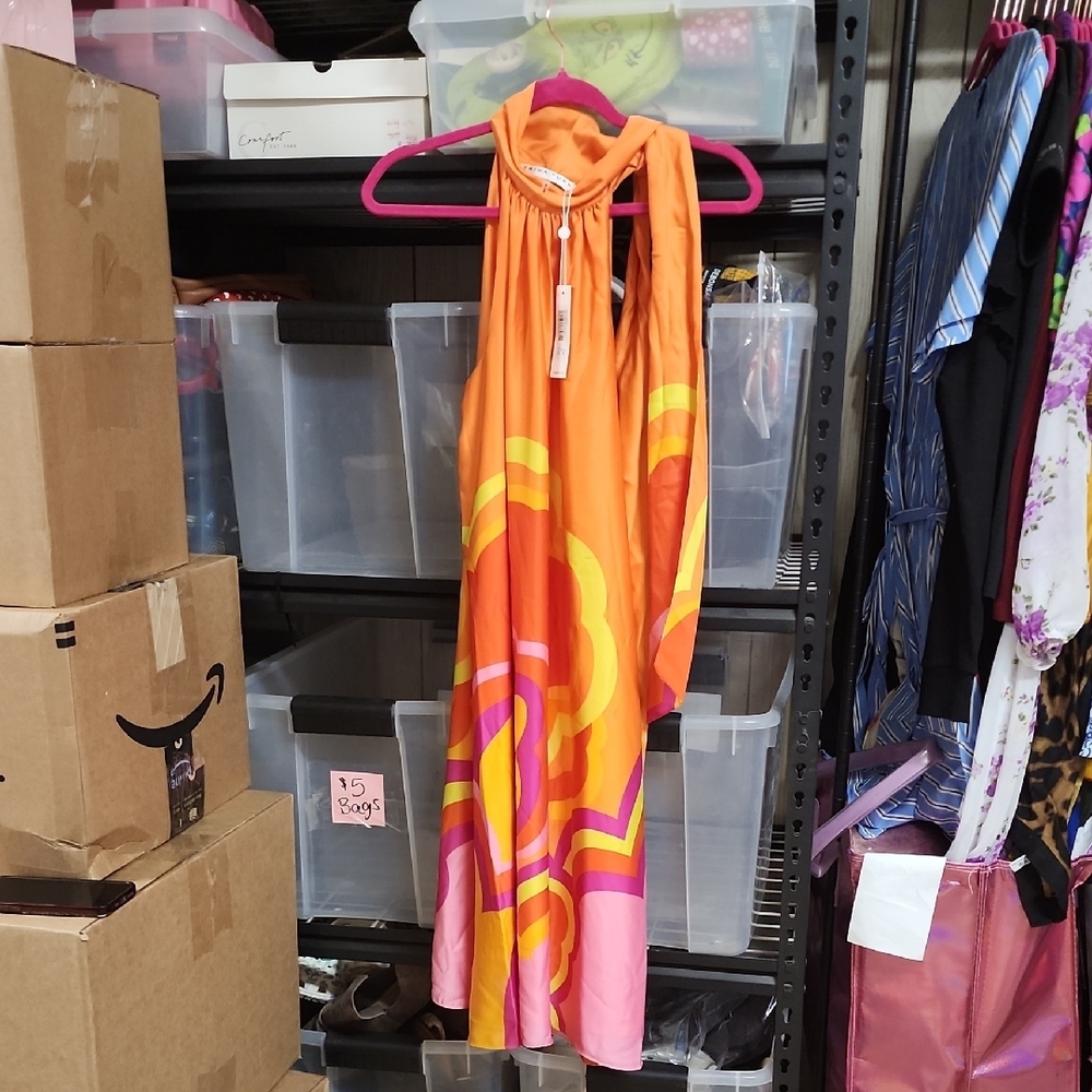 Vibrant Orange and Pink Halter Dress